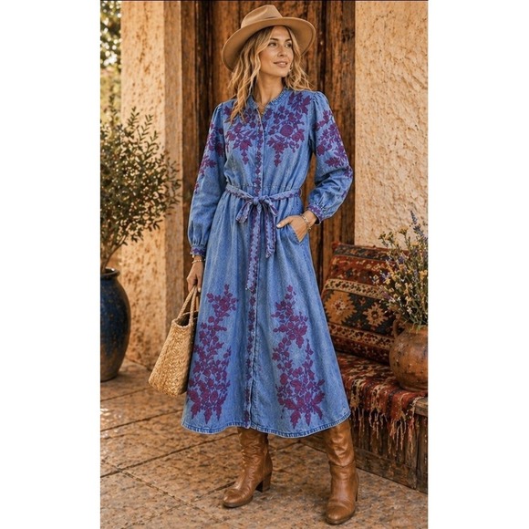 Sundance Dresses & Skirts - Sundance Blue Embroidered Cottagecore Denim Midi S Dress Western Boho Prairie